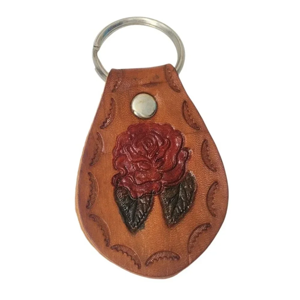 Vintage Tooled Leather Floral Rose Key Chain Fob Hippie Boho Handmade - Picture 1 of 3